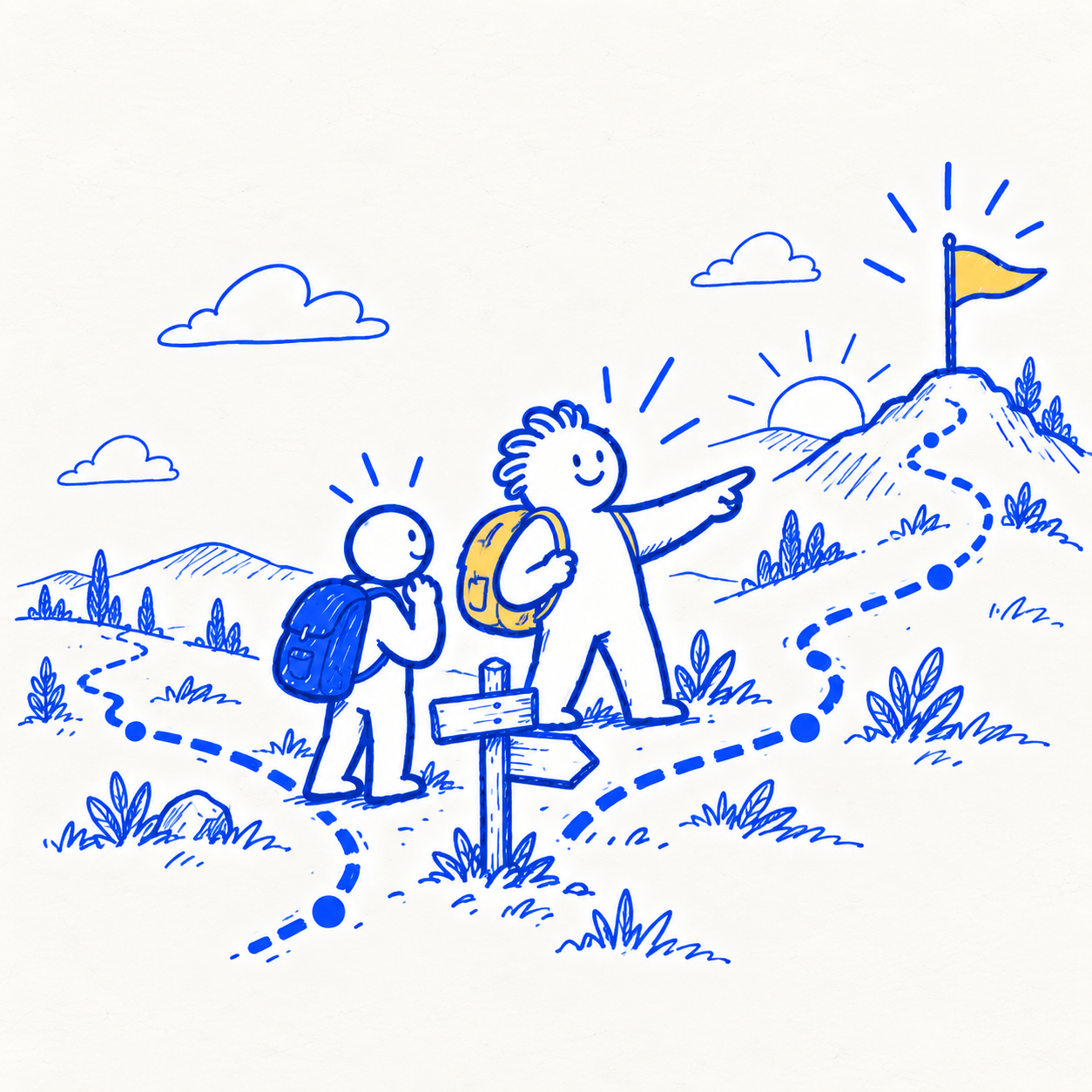 A companion guides a founder along a route toward a milestone