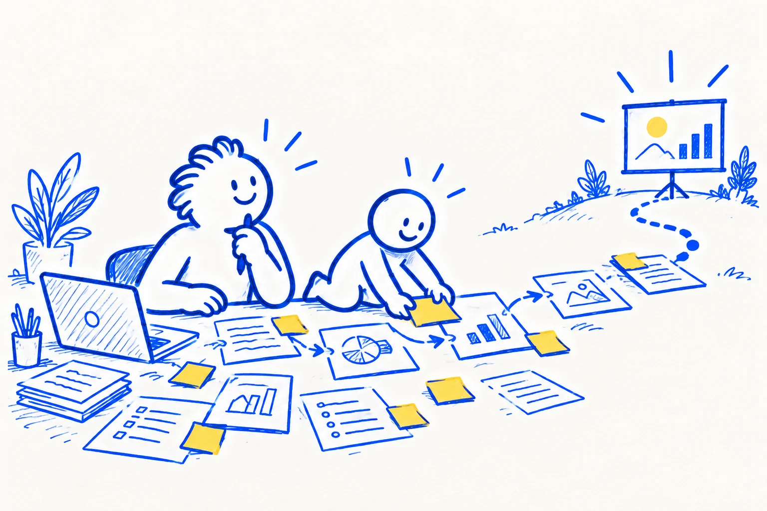 A founder and companion organize research, charts and notes into a clear story
